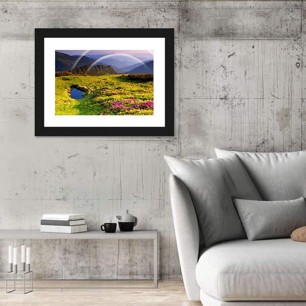 Summer Landscape In Mountains With Flowers A Rainbow And Lake Canvas Wall Art-3 Horizontal-Gallery Wrap-25" x 16"-Tiaracle