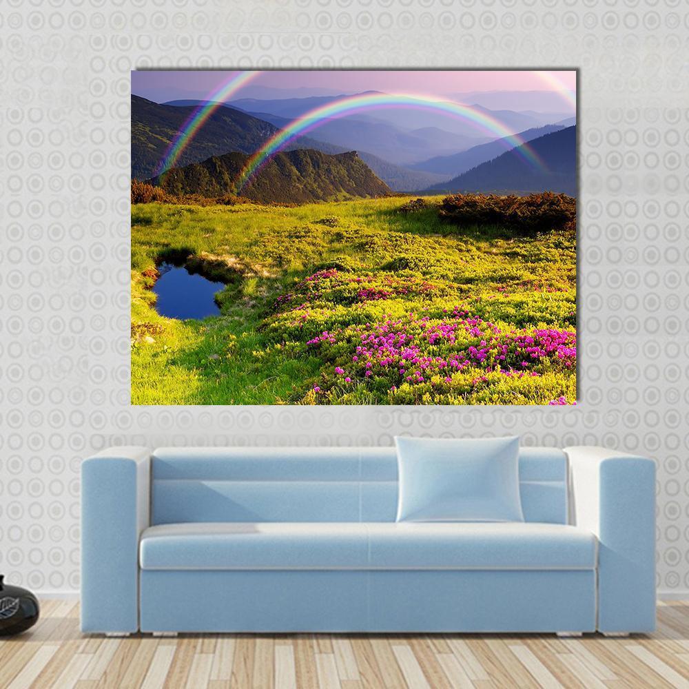 Summer Landscape In Mountains With Flowers A Rainbow And Lake Canvas Wall Art-1 Piece-Gallery Wrap-48" x 32"-Tiaracle