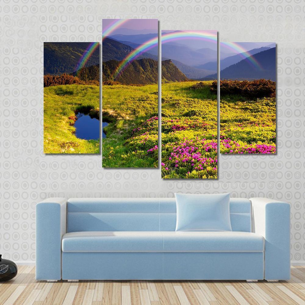 Summer Landscape In Mountains With Flowers A Rainbow And Lake Canvas Wall Art-4 Pop-Gallery Wrap-50" x 32"-Tiaracle