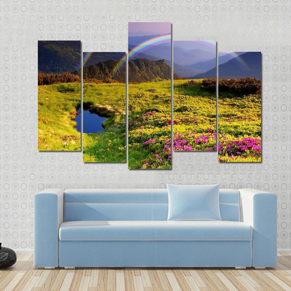 Summer Landscape In Mountains With Flowers A Rainbow And Lake Canvas Wall Art-5 Pop-Gallery Wrap-47" x 32"-Tiaracle