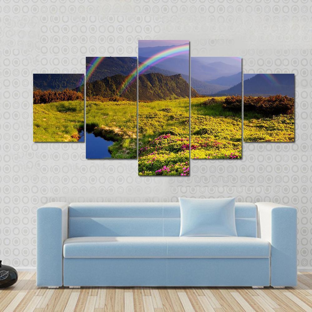 Summer Landscape In Mountains With Flowers A Rainbow And Lake Canvas Wall Art-5 Star-Gallery Wrap-62" x 32"-Tiaracle