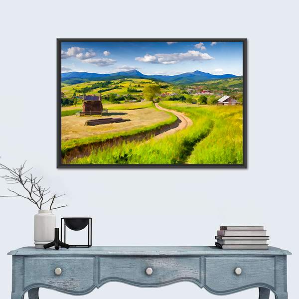 Summer Landscape In The Mountains Village Canvas Wall Art-1 Piece-Floating Frame-24" x 16"-Tiaracle