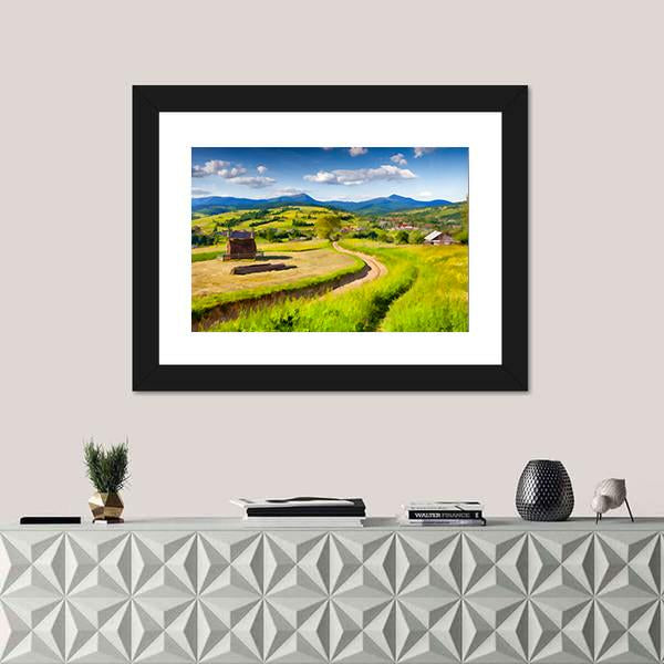 Summer Landscape In The Mountains Village Canvas Wall Art-1 Piece-Framed Print-20" x 16"-Tiaracle