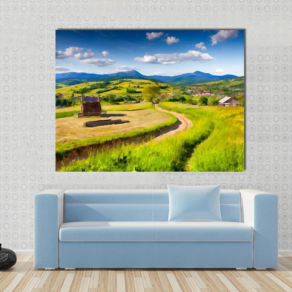 Summer Landscape In The Mountains Village Canvas Wall Art-1 Piece-Gallery Wrap-48" x 32"-Tiaracle