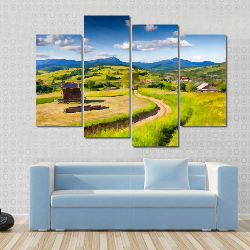 Summer Landscape In The Mountains Village Canvas Wall Art-4 Pop-Gallery Wrap-50" x 32"-Tiaracle