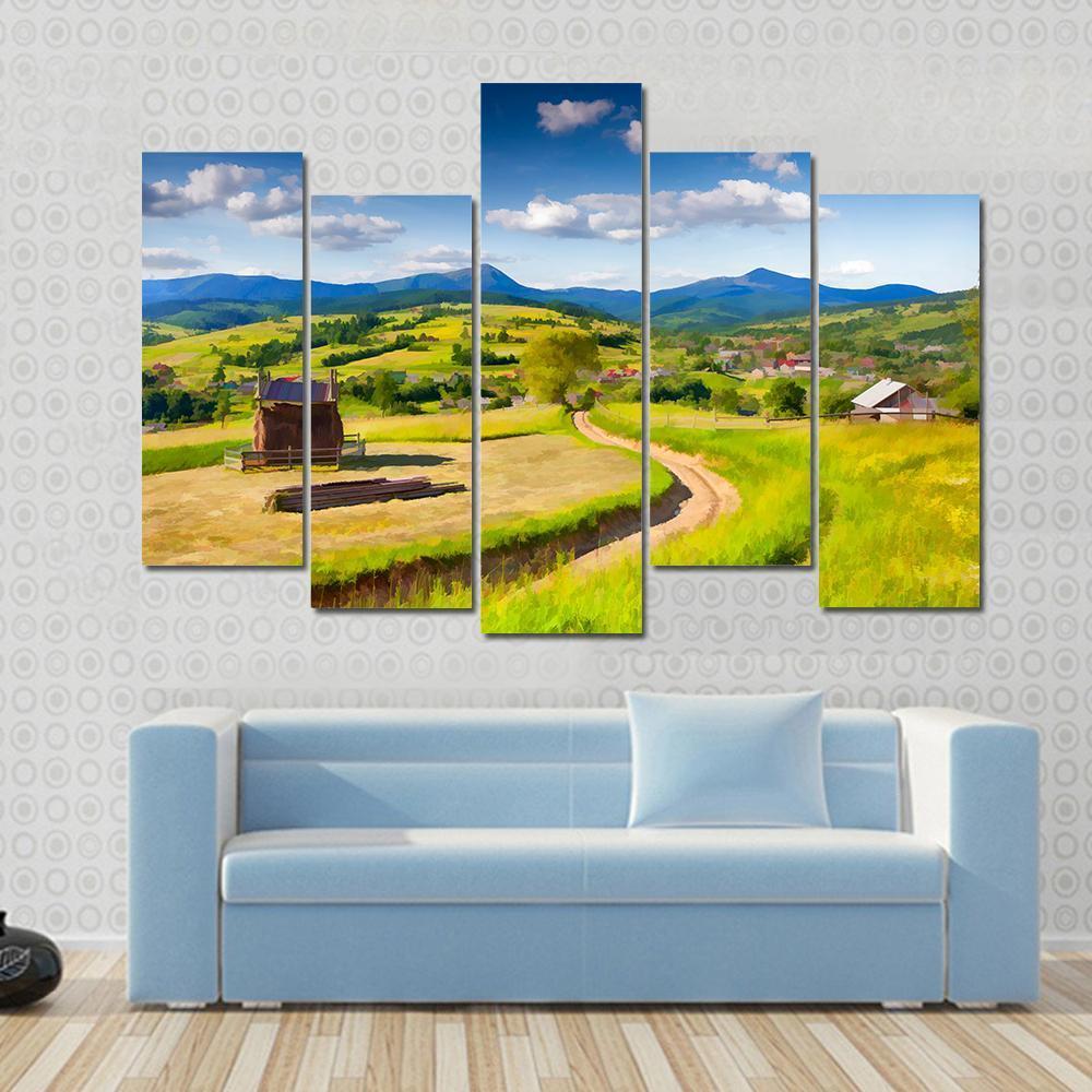 Summer Landscape In The Mountains Village Canvas Wall Art-5 Pop-Gallery Wrap-47" x 32"-Tiaracle