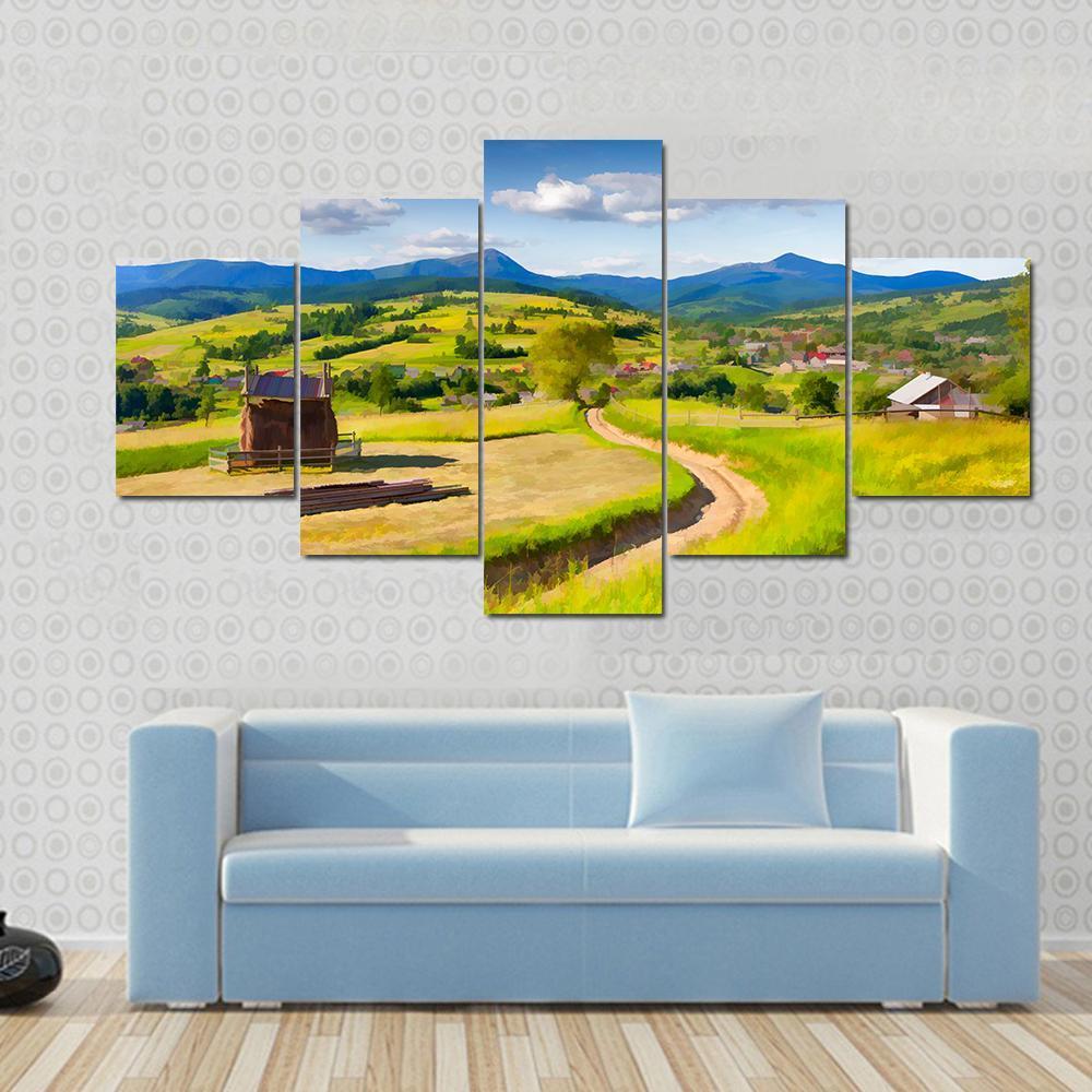 Summer Landscape In The Mountains Village Canvas Wall Art-5 Star-Gallery Wrap-62" x 32"-Tiaracle