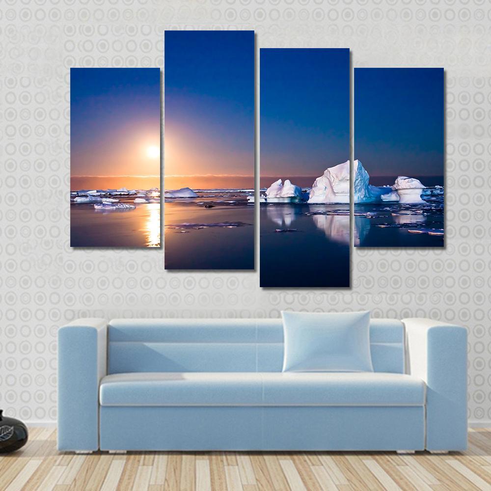 Summer Night In Antarctica Icebergs Floating In The Moonlight Canvas Wall Art-4 Pop-Gallery Wrap-50" x 32"-Tiaracle