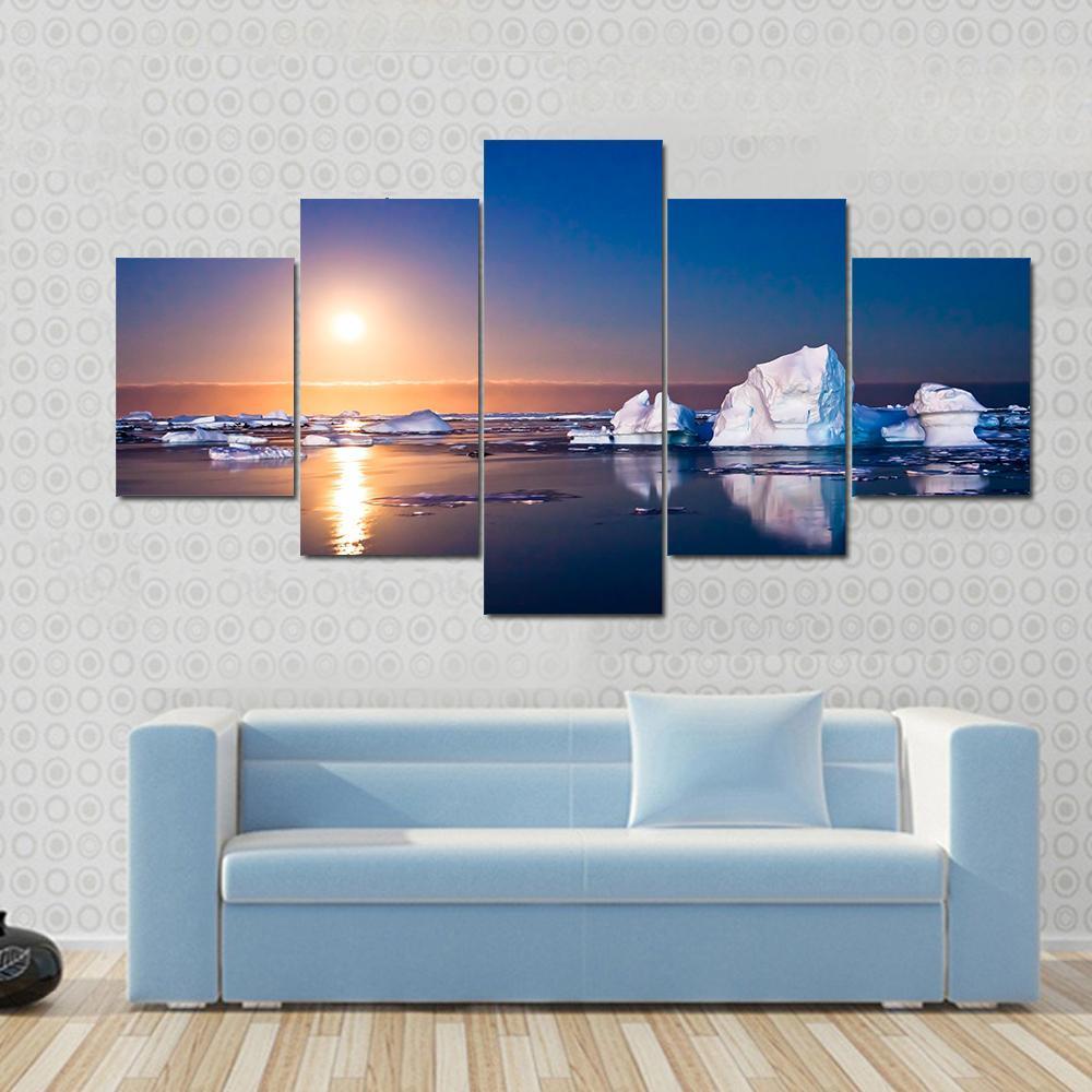 Summer Night In Antarctica Icebergs Floating In The Moonlight Canvas Wall Art-5 Star-Gallery Wrap-62" x 32"-Tiaracle