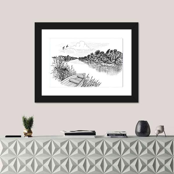 Summer River Bank Landscape Canvas Wall Art-1 Piece-Framed Print-20" x 16"-Tiaracle