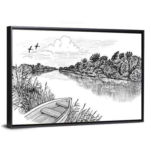 Summer River Bank Landscape Canvas Wall Art-3 Horizontal-Gallery Wrap-25" x 16"-Tiaracle
