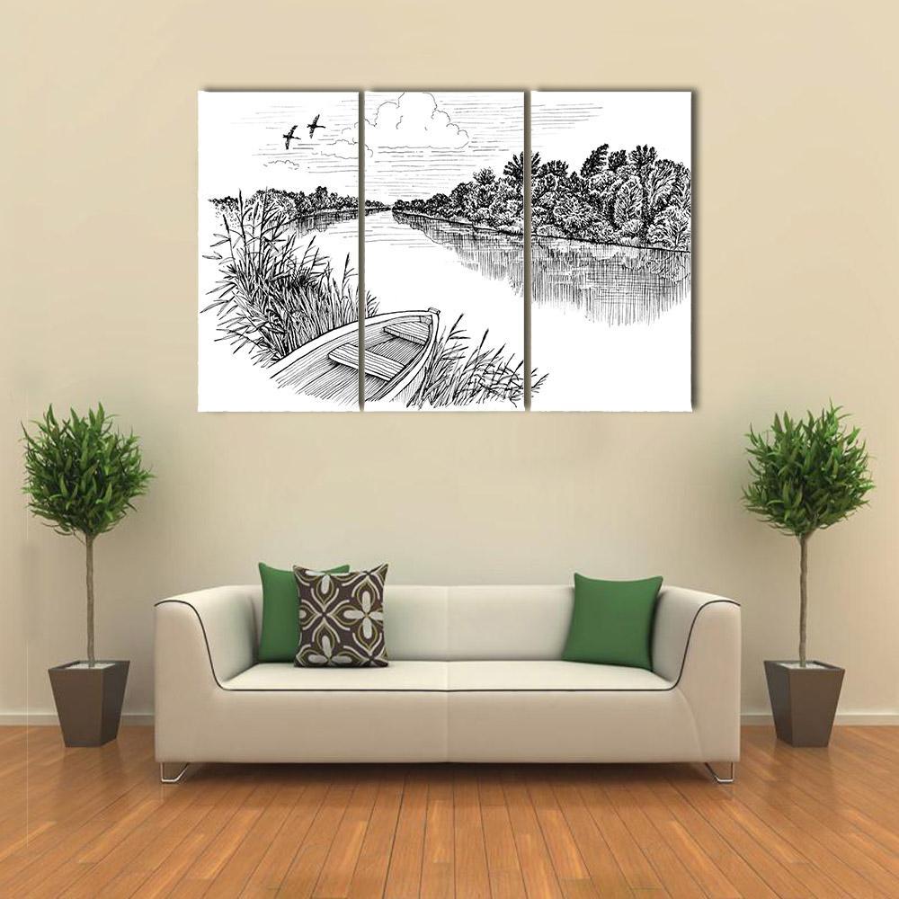 Summer River Bank Landscape Canvas Wall Art-3 Horizontal-Gallery Wrap-37" x 24"-Tiaracle