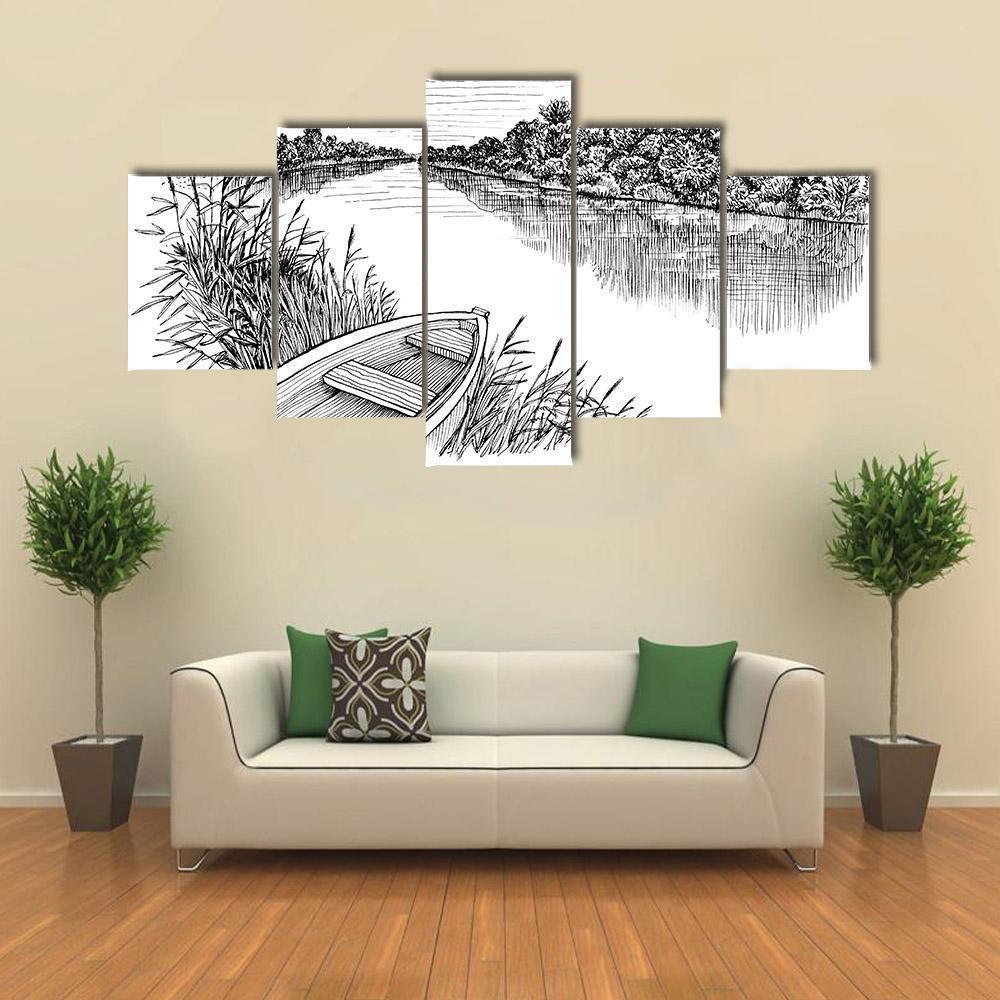 Summer River Bank Landscape Canvas Wall Art-5 Star-Gallery Wrap-62" x 32"-Tiaracle