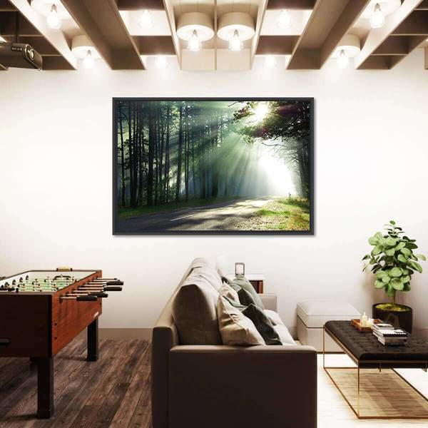 Sunlight Rays On The Forest Road Canvas Wall Art-3 Horizontal-Gallery Wrap-25" x 16"-Tiaracle