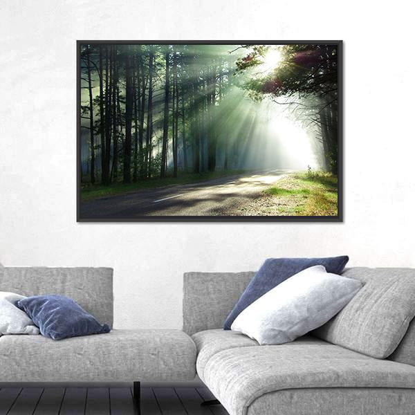 Sunlight Rays On The Forest Road Canvas Wall Art-3 Horizontal-Gallery Wrap-25" x 16"-Tiaracle