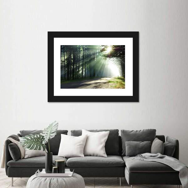 Sunlight Rays On The Forest Road Canvas Wall Art-3 Horizontal-Gallery Wrap-25" x 16"-Tiaracle