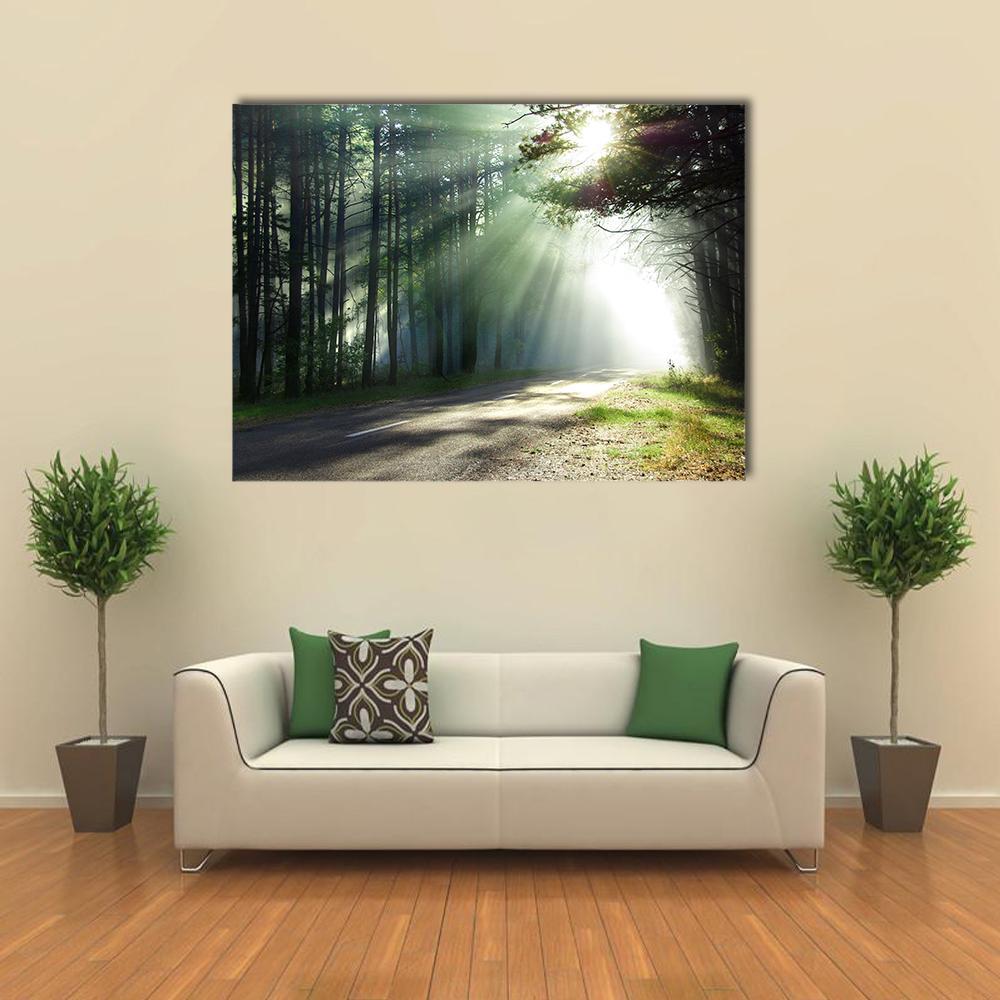 Sunlight Rays On The Forest Road Canvas Wall Art-1 Piece-Gallery Wrap-48" x 32"-Tiaracle