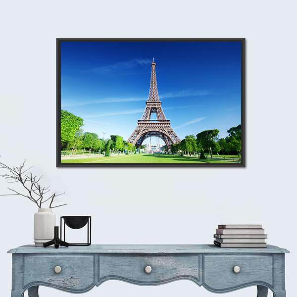 Sunny Morning And Eiffel Tower Paris France Canvas Wall Art-1 Piece-Floating Frame-24" x 16"-Tiaracle