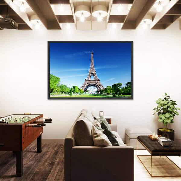 Sunny Morning And Eiffel Tower Paris France Canvas Wall Art-3 Horizontal-Gallery Wrap-25" x 16"-Tiaracle