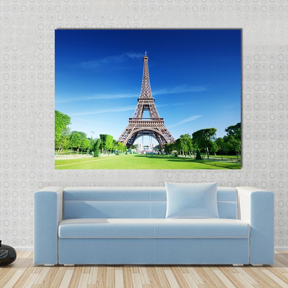 Sunny Morning And Eiffel Tower Paris France Canvas Wall Art-1 Piece-Gallery Wrap-48" x 32"-Tiaracle