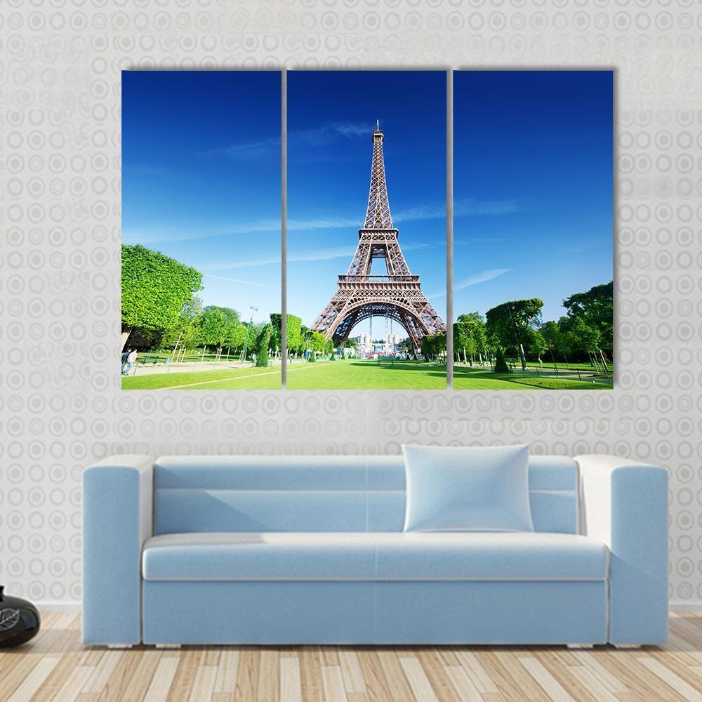 Sunny Morning And Eiffel Tower Paris France Canvas Wall Art-3 Horizontal-Gallery Wrap-37" x 24"-Tiaracle