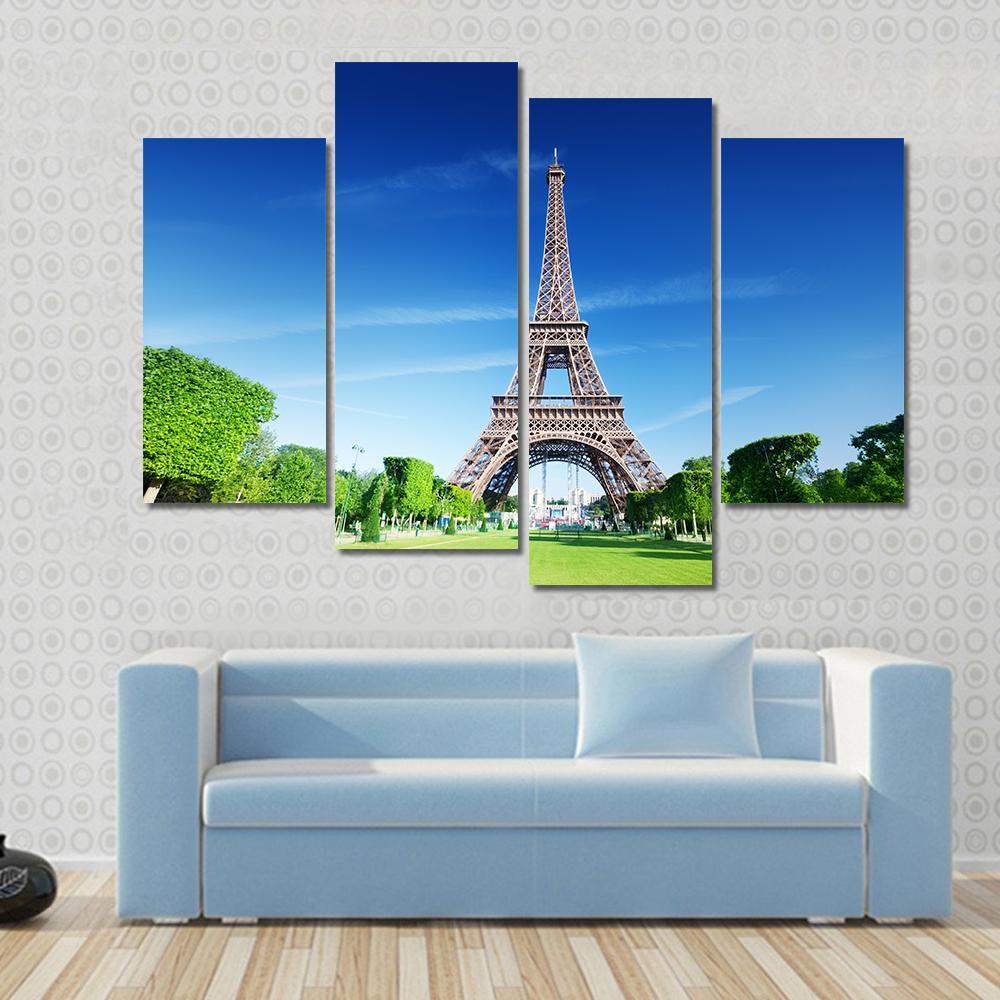 Sunny Morning And Eiffel Tower Paris France Canvas Wall Art-4 Pop-Gallery Wrap-50" x 32"-Tiaracle