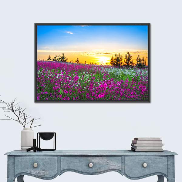 Sunrise And Flowers Scenery Canvas Wall Art-1 Piece-Floating Frame-24" x 16"-Tiaracle