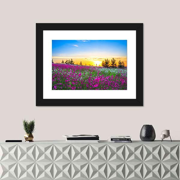 Sunrise And Flowers Scenery Canvas Wall Art-1 Piece-Framed Print-20" x 16"-Tiaracle