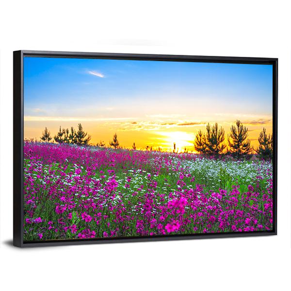 Sunrise And Flowers Scenery Canvas Wall Art-3 Horizontal-Gallery Wrap-25" x 16"-Tiaracle