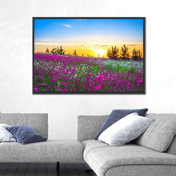 Sunrise And Flowers Scenery Canvas Wall Art-3 Horizontal-Gallery Wrap-25" x 16"-Tiaracle