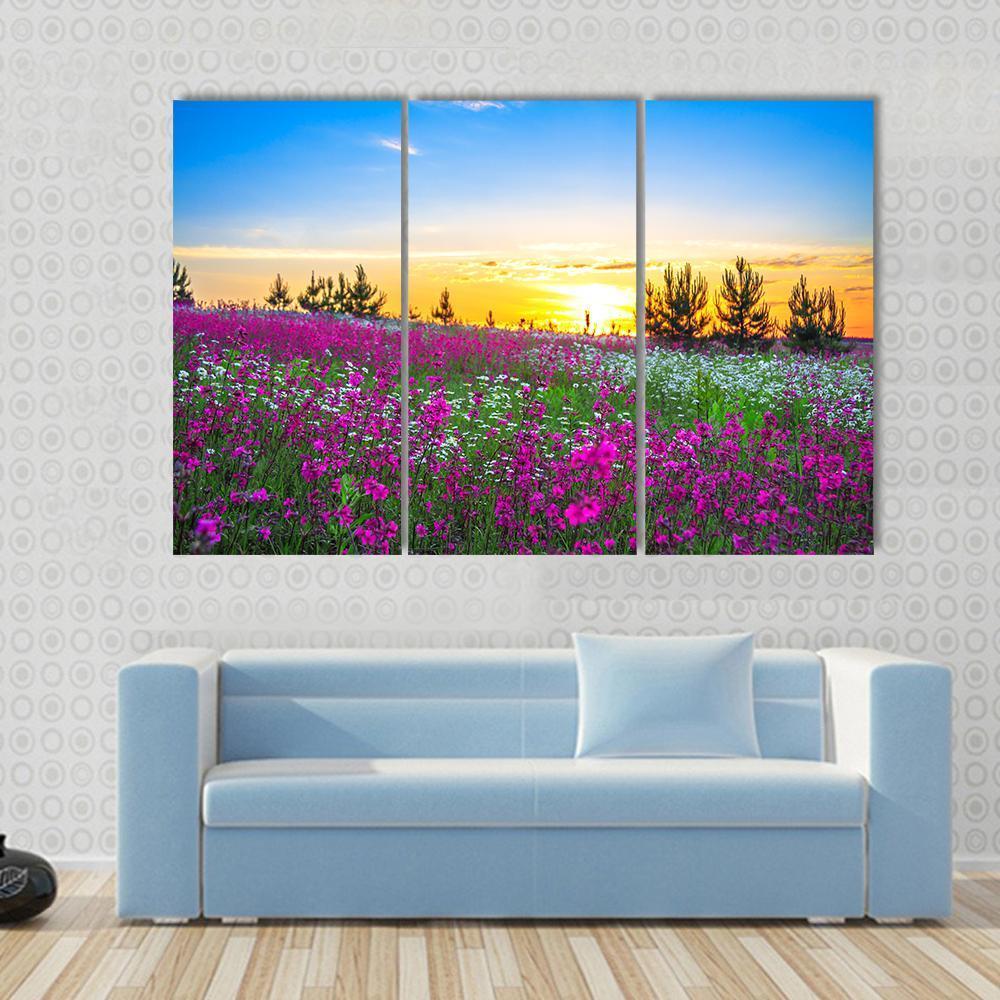 Sunrise And Flowers Scenery Canvas Wall Art-3 Horizontal-Gallery Wrap-37" x 24"-Tiaracle