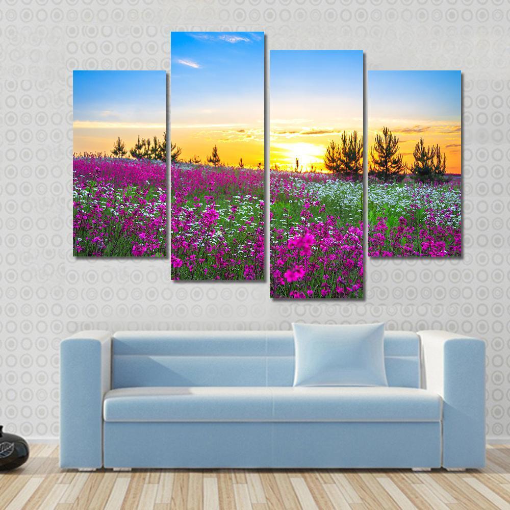 Sunrise And Flowers Scenery Canvas Wall Art-4 Pop-Gallery Wrap-50" x 32"-Tiaracle