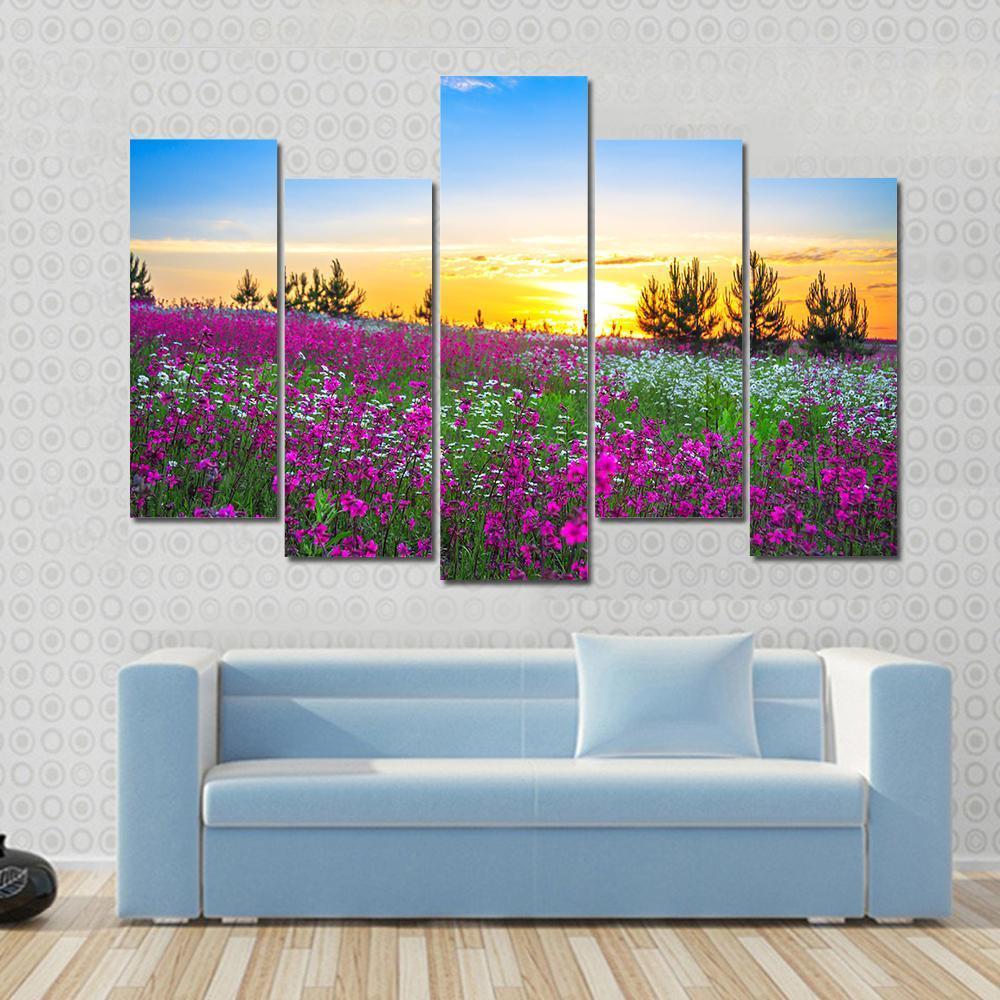 Sunrise And Flowers Scenery Canvas Wall Art-5 Pop-Gallery Wrap-47" x 32"-Tiaracle