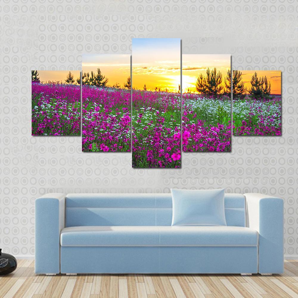 Sunrise And Flowers Scenery Canvas Wall Art-5 Star-Gallery Wrap-62" x 32"-Tiaracle