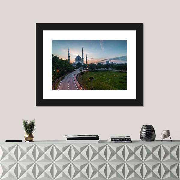 Sunrise At Blue Mosque Shah Alam Malaysia Canvas Wall Art-1 Piece-Framed Print-20" x 16"-Tiaracle