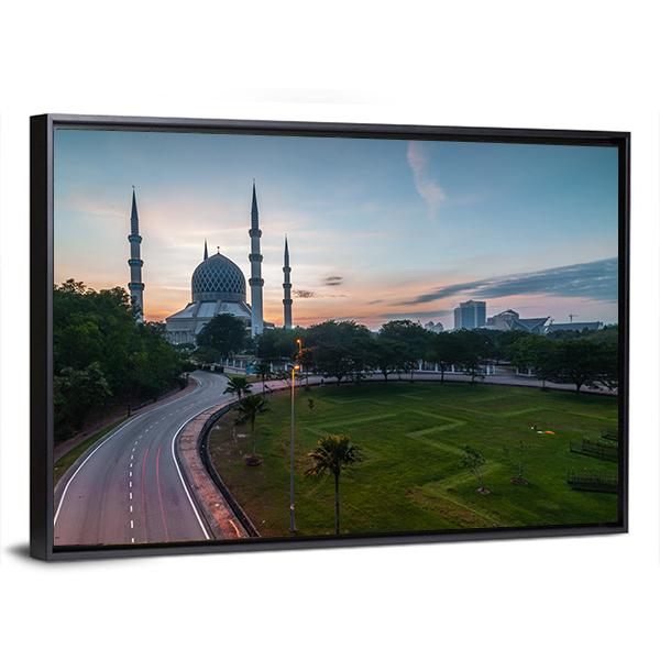 Sunrise At Blue Mosque Shah Alam Malaysia Canvas Wall Art-3 Horizontal-Gallery Wrap-25" x 16"-Tiaracle