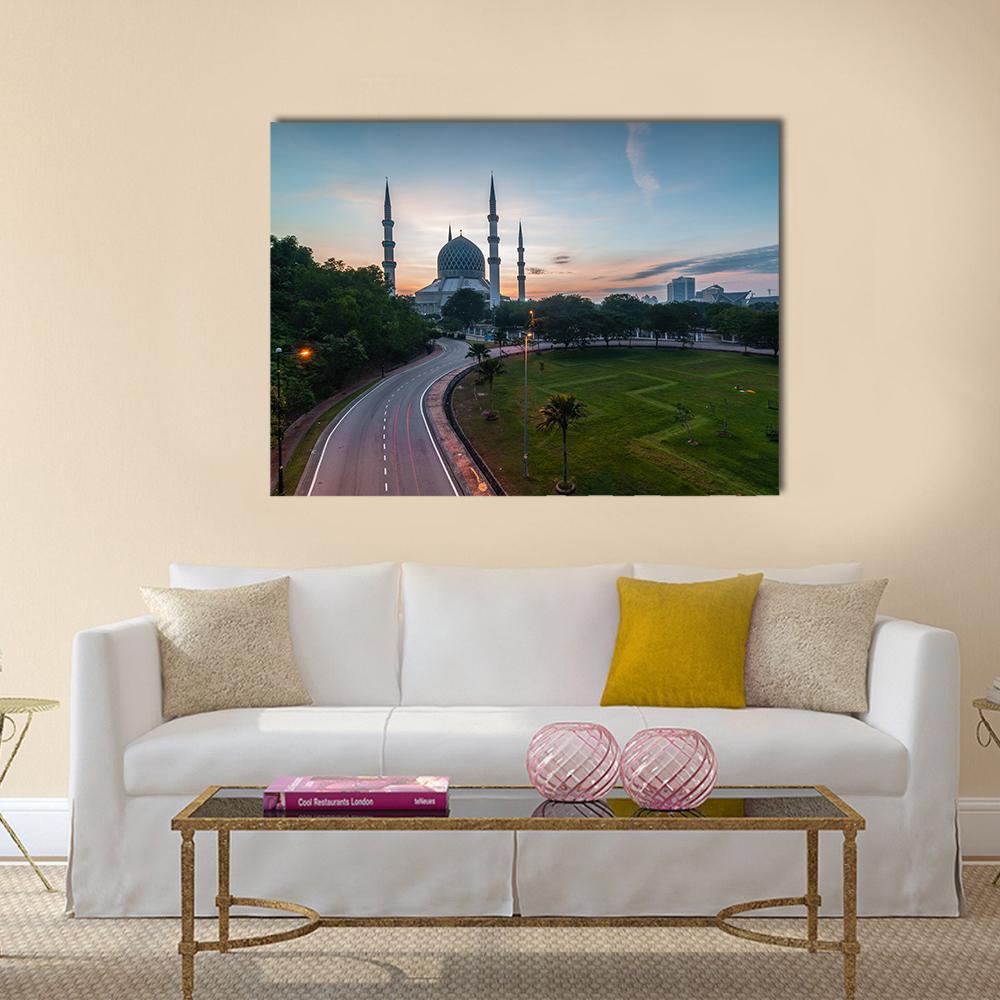 Sunrise At Blue Mosque Shah Alam Malaysia Canvas Wall Art-1 Piece-Gallery Wrap-48" x 32"-Tiaracle