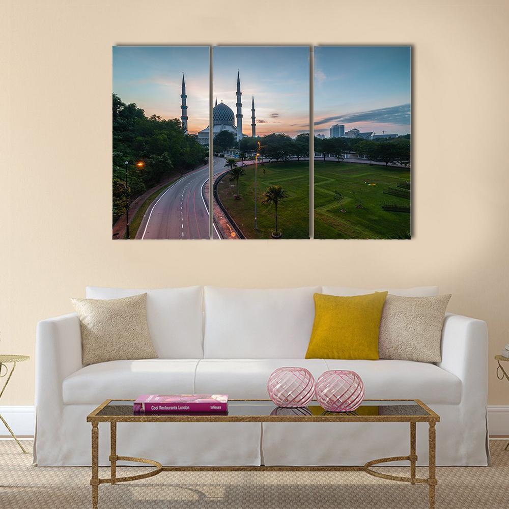 Sunrise At Blue Mosque Shah Alam Malaysia Canvas Wall Art-3 Horizontal-Gallery Wrap-37" x 24"-Tiaracle