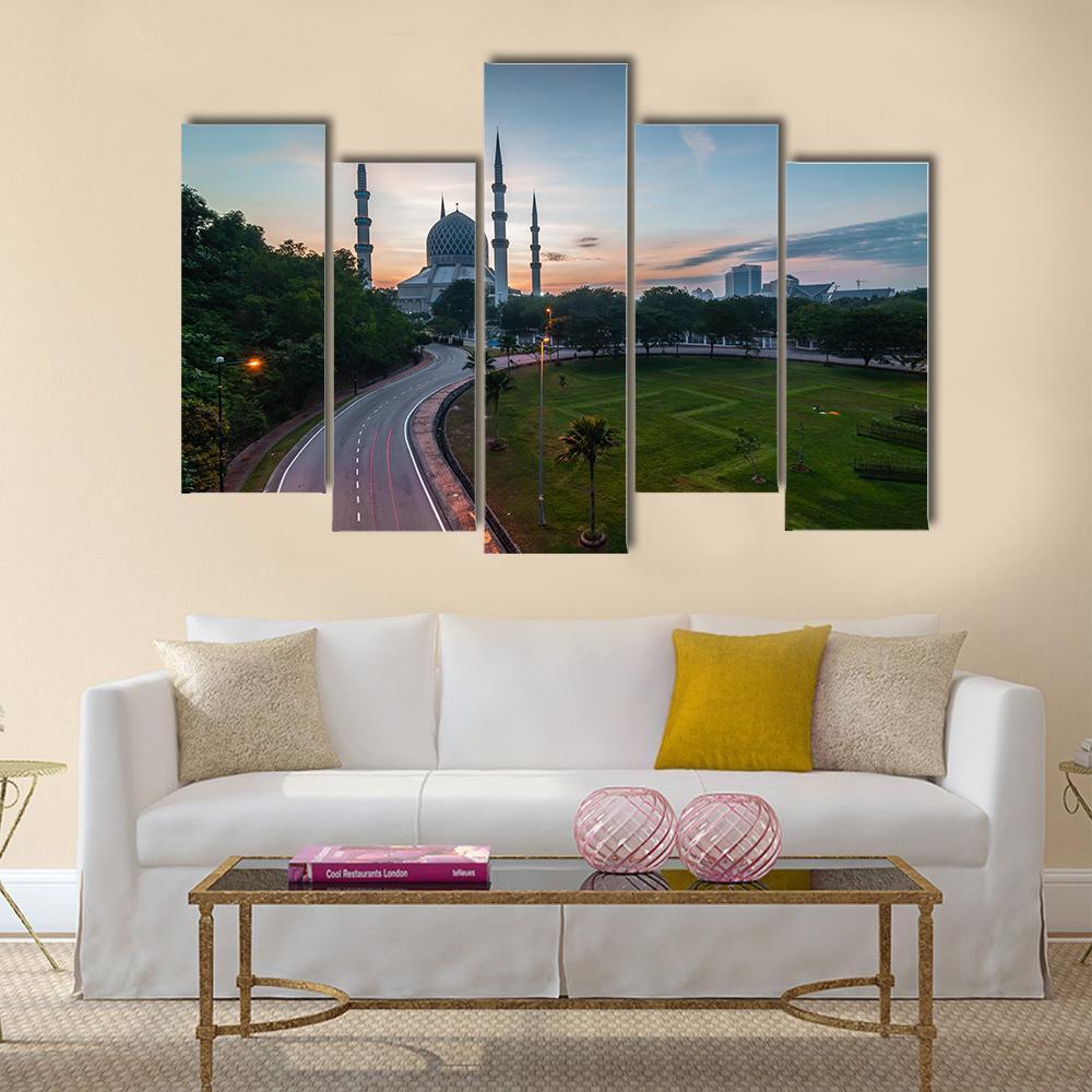 Sunrise At Blue Mosque Shah Alam Malaysia Canvas Wall Art-5 Pop-Gallery Wrap-47" x 32"-Tiaracle