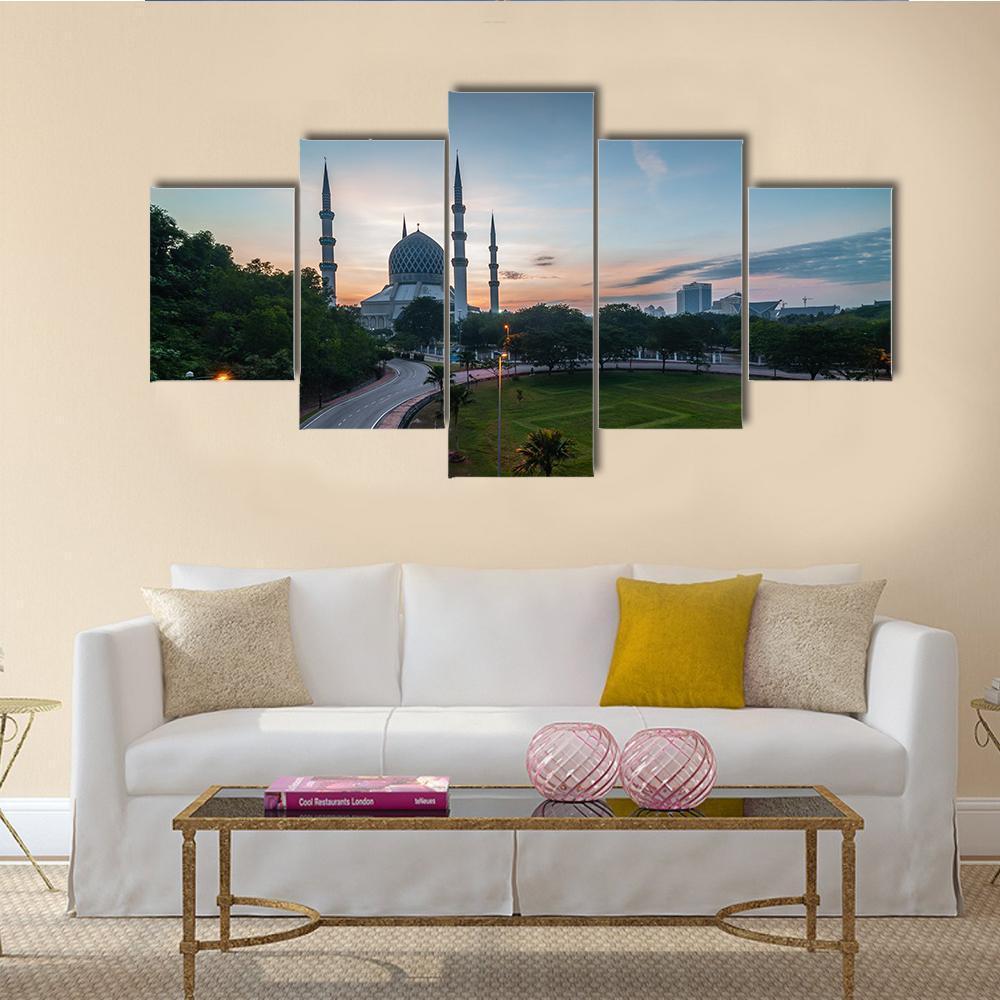 Sunrise At Blue Mosque Shah Alam Malaysia Canvas Wall Art-5 Star-Gallery Wrap-62" x 32"-Tiaracle