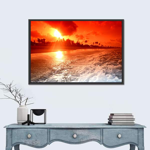 Sunrise Over Ocean In Golden Sky Canvas Wall Art-1 Piece-Floating Frame-24" x 16"-Tiaracle