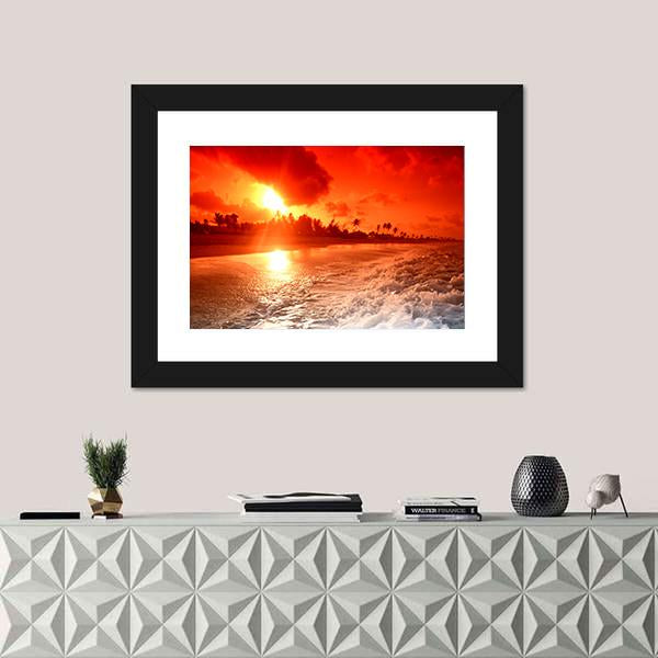Sunrise Over Ocean In Golden Sky Canvas Wall Art-1 Piece-Framed Print-20" x 16"-Tiaracle