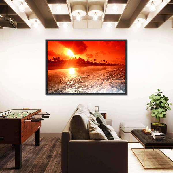Sunrise Over Ocean In Golden Sky Canvas Wall Art-3 Horizontal-Gallery Wrap-25" x 16"-Tiaracle