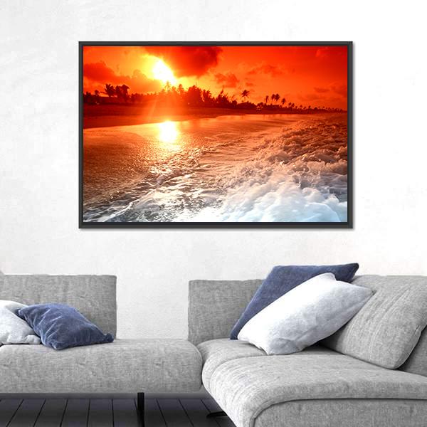 Sunrise Over Ocean In Golden Sky Canvas Wall Art-3 Horizontal-Gallery Wrap-25" x 16"-Tiaracle