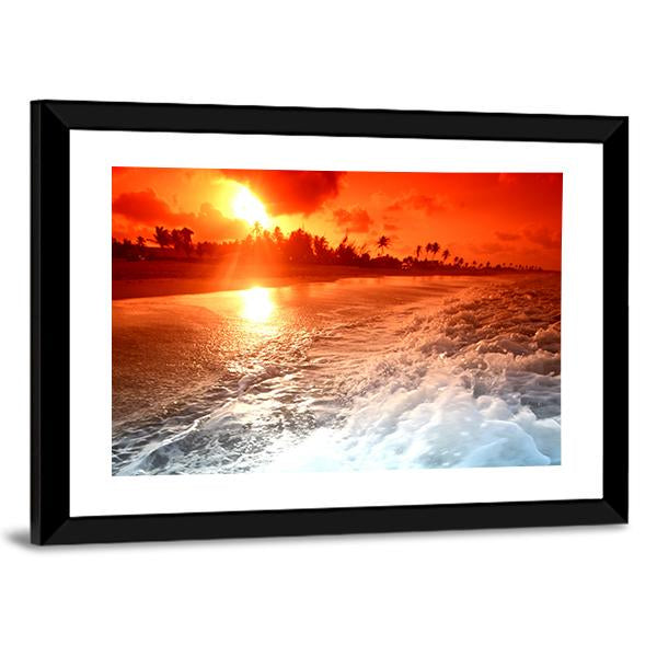 Sunrise Over Ocean In Golden Sky Canvas Wall Art-3 Horizontal-Gallery Wrap-25" x 16"-Tiaracle