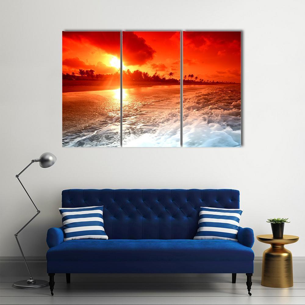 Sunrise Over Ocean In Golden Sky Canvas Wall Art-3 Horizontal-Gallery Wrap-37" x 24"-Tiaracle