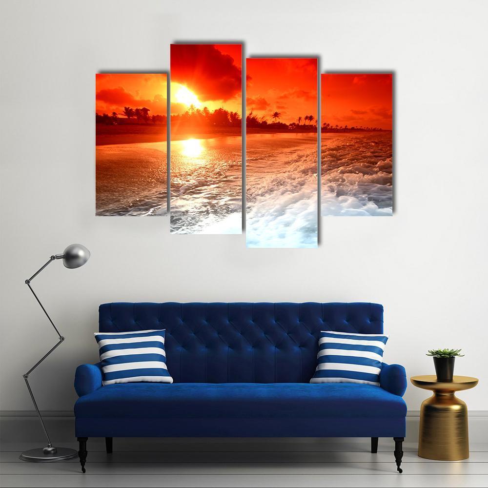 Sunrise Over Ocean In Golden Sky Canvas Wall Art-4 Pop-Gallery Wrap-50" x 32"-Tiaracle