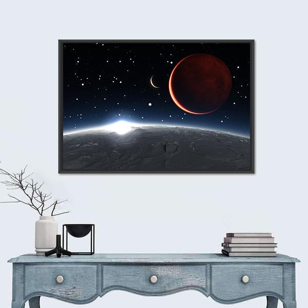 Sunrise Over The Phobos With Red Planet Mars Canvas Wall Art-1 Piece-Floating Frame-24" x 16"-Tiaracle