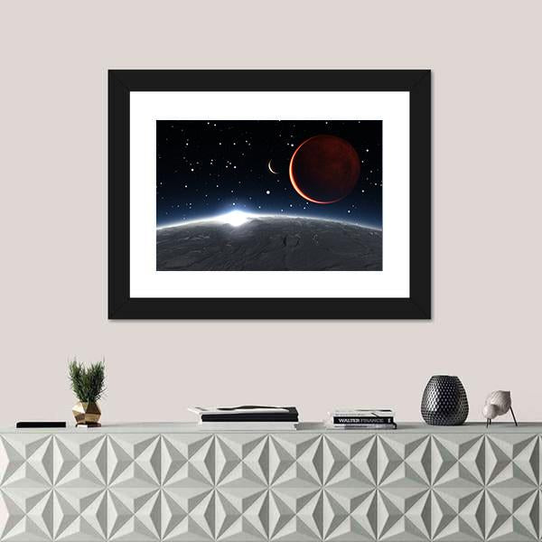 Sunrise Over The Phobos With Red Planet Mars Canvas Wall Art-1 Piece-Framed Print-20" x 16"-Tiaracle