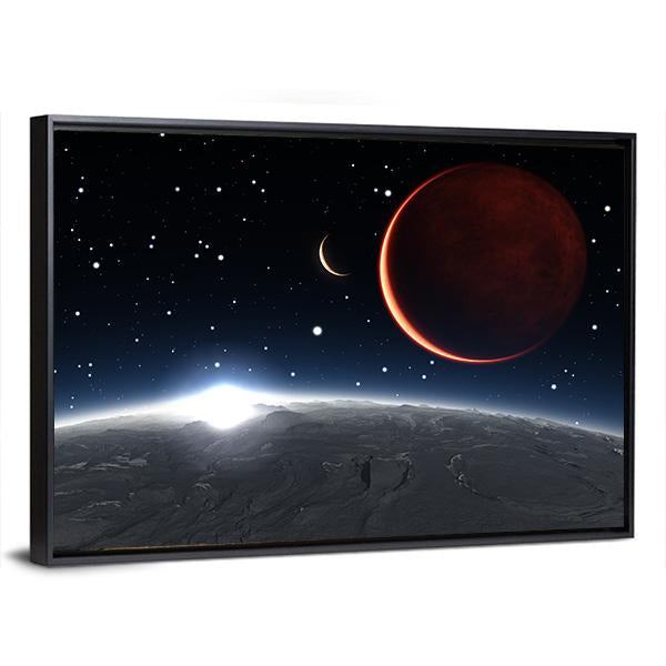 Sunrise Over The Phobos With Red Planet Mars Canvas Wall Art-3 Horizontal-Gallery Wrap-25" x 16"-Tiaracle